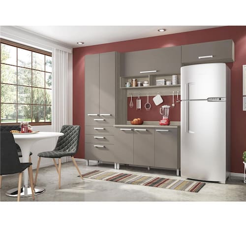 Cozinha Completa Bartira Topázio com 7 Portas, 4 Gavetas e 8 Prateleiras - 270cm de largura Menor preço em Cozinha Completa Bartira Topázio com 7 Portas, 4 Gavetas e 8 Prateleiras - 270cm de largura