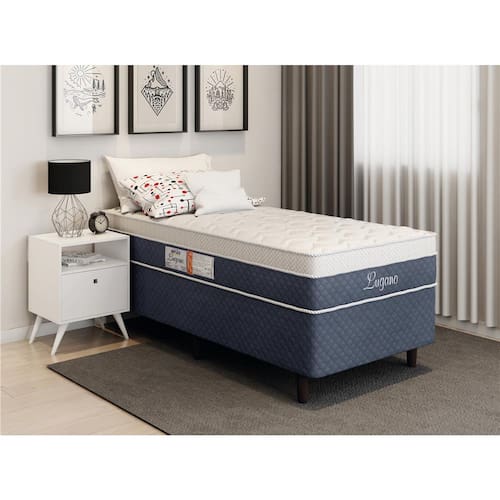 Cama Box Solteiro + Colchão Biflex Lugano com Euro Pillow e Molas Ensacadas 65x88x188 cm - Azul/Cinza Menor preço em Cama Box Solteiro + Colchão Biflex Lugano com Euro Pillow e Molas Ensacadas 65x88x188 cm - Azul/Cinza