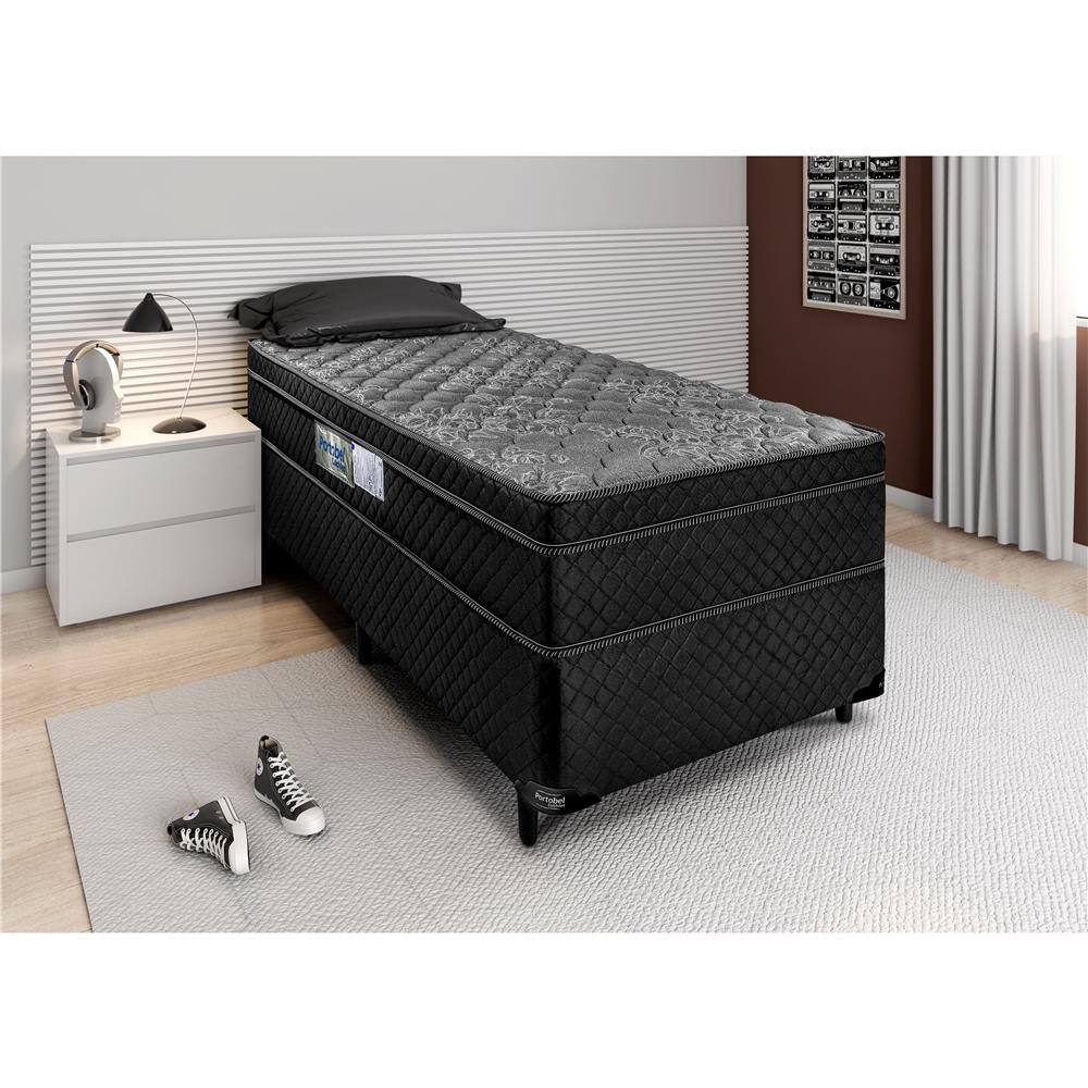 Cama Box de Solteiro Portobel + Colchão de Solteiro Portobel Diplomata  Light com Pillow Top e Molas Ensacadas 70x88x188 cm - Preta | Ponto