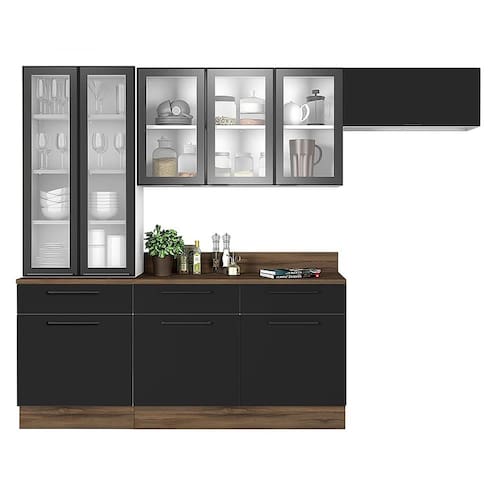 Cozinha Compacta Itatiaia Exclusive com 9 Portas, 3 Gavetas e Armário com Vidro - 265cm de largura Menor preço em Cozinha Compacta Itatiaia Exclusive com 9 Portas, 3 Gavetas e Armário com Vidro - 265cm de largura