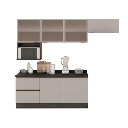 Cozinha Completa Bartira Linea com 6 Portas, 3 Gavetas, Portas de Vidro e Nicho - 260 cm de Largura Menor preço em Cozinha Completa Bartira Linea com 6 Portas, 3 Gavetas, Portas de Vidro e Nicho - 260 cm de Largura