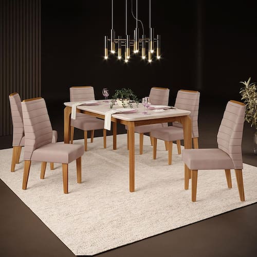 Conjunto Mesa de Jantar Áustria com Vidro e 6 Cadeiras