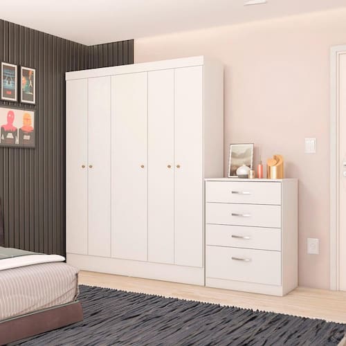 Guarda-Roupa Demóbile Ártico com 5 Portas e Cômoda Astral com 4 Gavetas - Branco Menor preço em Guarda-Roupa Demóbile Ártico com 5 Portas e Cômoda Astral com 4 Gavetas - Branco