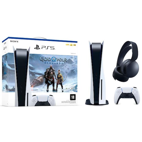 Console Playstation 5 825GB SSD God of War Ragnarok Bundle + Headset sem Fio Sony Pulse 3D Midnight Black - PS5