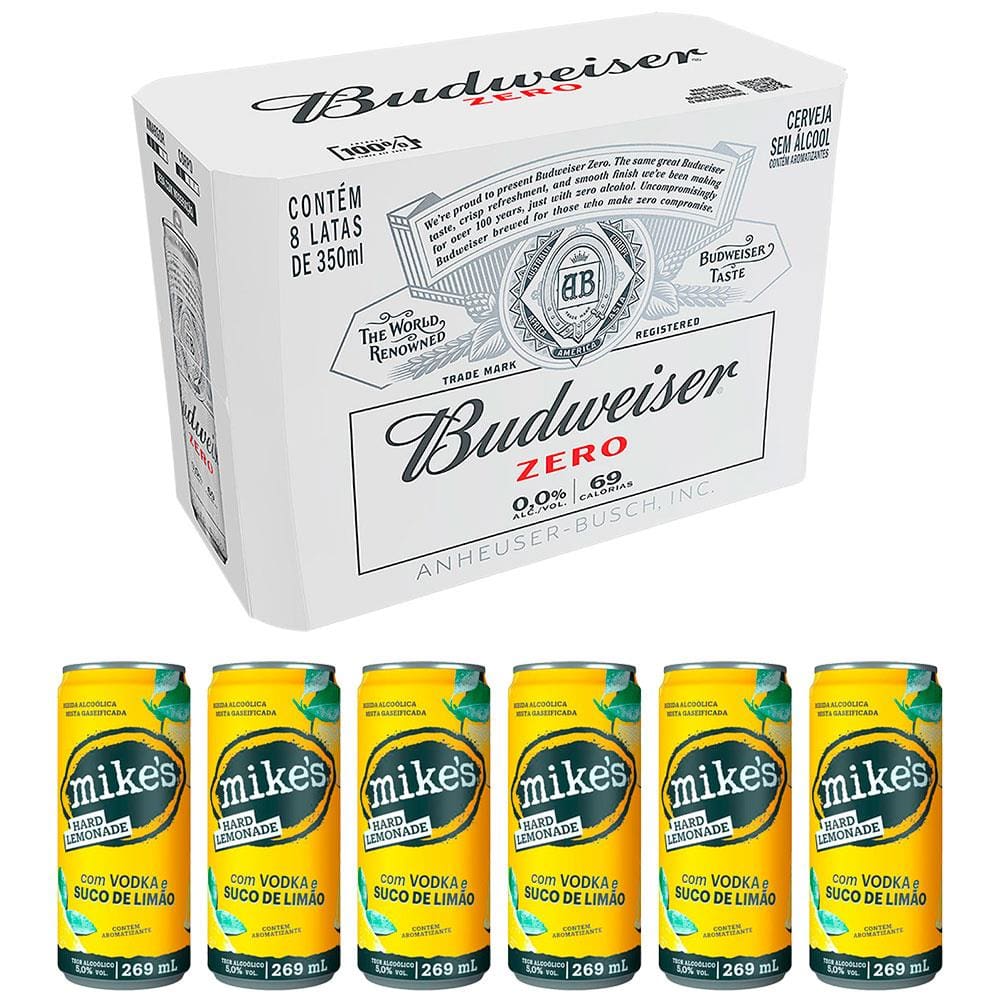 Cerveja Budweiser Zero Álcool Lata Sleek 350ml 8 Unidades + Bebida Mista Mike's Hard Lemonade Limão Lata 269ml 6 Unidades