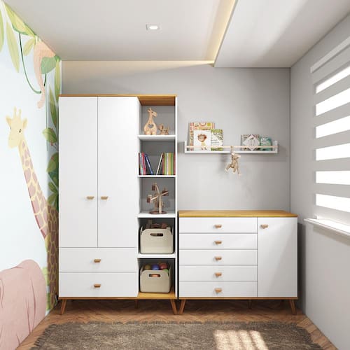 Guarda-Roupa Bartira Ternura com 5 Nichos, 2 Portas, 2 Gavetas + Cômoda Bartira Ternura com 5 Gavetas e 1 Porta - Branco Wood