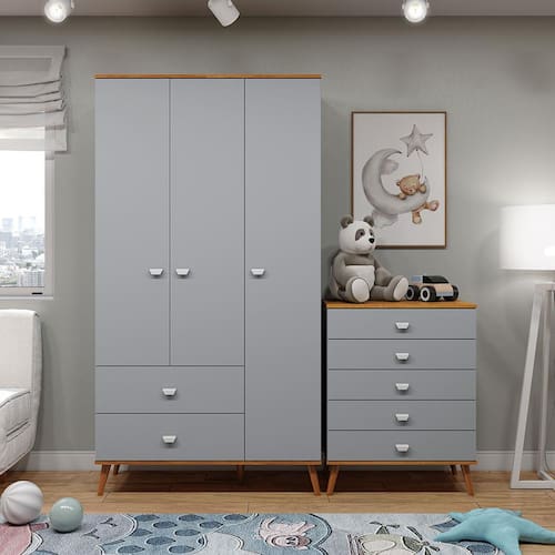 Guarda-Roupa Bartira Ternura com 3 Portas, 2 Gavetas + Cômoda Bartira Ternura com 5 Gavetas - Azul Wood