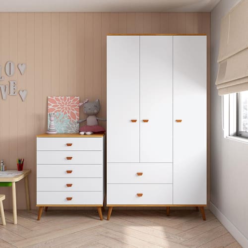 Guarda-Roupa Bartira Ternura com 3 Portas, 2 Gavetas + Cômoda Bartira Ternura com 5 Gavetas - Branco Wood