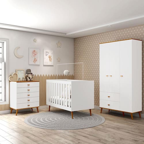 Guarda-Roupa Bartira Ternura com 3 Portas, 2 Gavetas + Cômoda Ternura com 5 Gavetas + Berço Móveis Estrela Ternura - Branco Wood