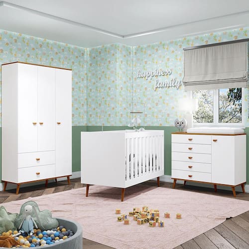 Guarda-Roupa Bartira Ternura com 3 Portas, 2 Gavetas + Cômoda Ternura com 5 Gavetas e 1 Porta + Berço Mini Cama Móveis Estrela Ternura - Branco Wood