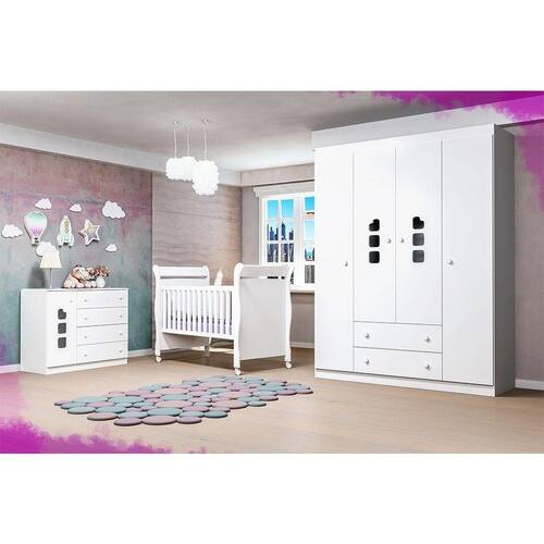 Quarto de Bebê com Guarda Roupa 4 Portas, Cômoda Ana Livia + Berço 251 - Phoenix Baby - Branco Menor preço em Quarto de Bebê com Guarda Roupa 4 Portas, Cômoda Ana Livia + Berço 251 - Phoenix Baby - Branco