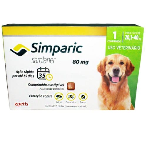 Antipulgas Simparic 1 comp. 20 a 40kg 80mg Menor preço em Antipulgas Simparic 1 comp. 20 a 40kg 80mg