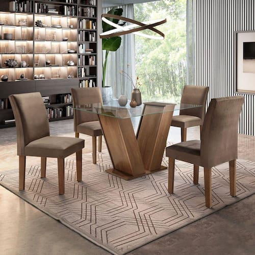 Conjunto Sala de Jantar Mesa Tampo de Vidro e 4 Cadeiras Classic Cel Móveis Chocolate/Animale Marrom 52 Menor preço em Conjunto Sala de Jantar Mesa Tampo de Vidro e 4 Cadeiras Classic Cel Móveis Chocolate/Animale Marrom 52
