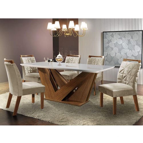 Conjunto Sala de Jantar Mesa Tampo em MDF/Vidro e 6 Cadeiras Apolo Chanfro Premium Yescasa Pena Bega/Castanho Prêmio/Laka Off White Yescasa Menor preço em Conjunto Sala de Jantar Mesa Tampo em MDF/Vidro e 6 Cadeiras Apolo Chanfro Premium Yescasa Pena Bega/Castanho Prêmio/Laka Off White Yescasa