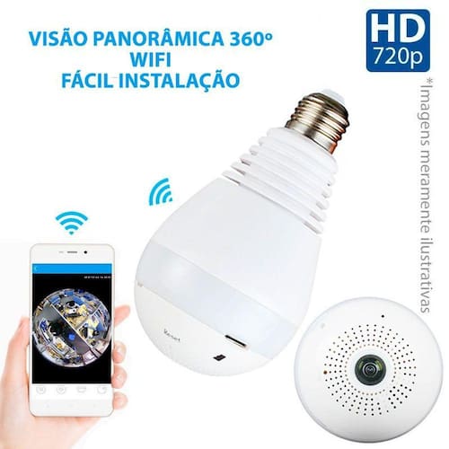 Câmera Lâmpada Panorâmica, 360º, Wifi Sem Fio, HD 720p, Grava em Cartão SD, Microfone e Alto Falante Embutido Menor preço em Câmera Lâmpada Panorâmica, 360º, Wifi Sem Fio, HD 720p, Grava em Cartão SD, Microfone e Alto Falante Embutido