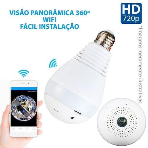 Menor preço em Câmera Lâmpada Panorâmica, 360º, Wifi Sem Fio, HD 720p, Grava em Cartão SD, Microfone e Alto Falante Embutido