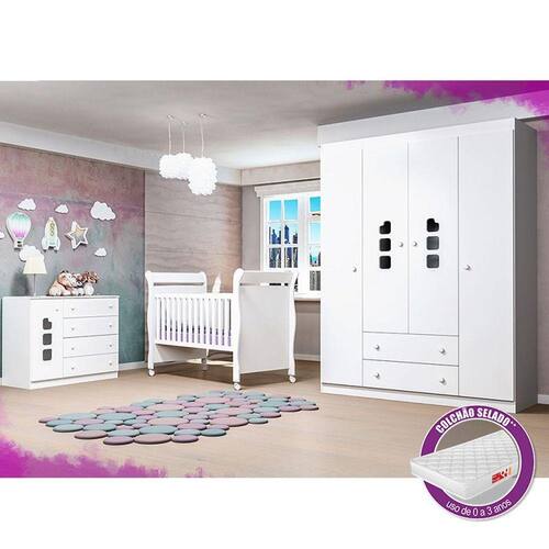 Jogo de Quarto Infantil Completo Nuvem com Guarda Roupa 4 Portas, Cômoda 1  Porta e Berço 2 em 1 Branco - Phoenix Baby - Quarto Completo - Magazine  Luiza