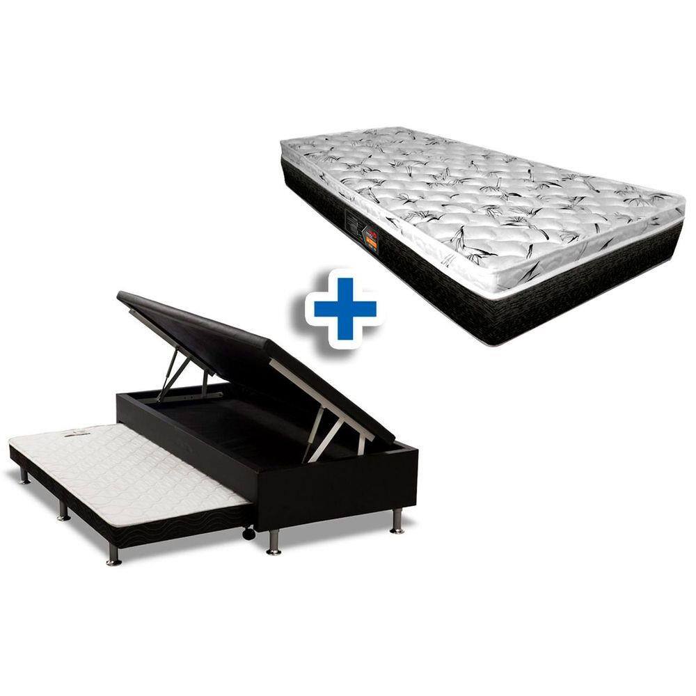 Conjunto 4 em 1 (Cama Box+Baú+Cama Auxiliar Courino Black Ortobom)+(Colchão  Castor Bonnel System Class) Solteiro 88 | Ponto