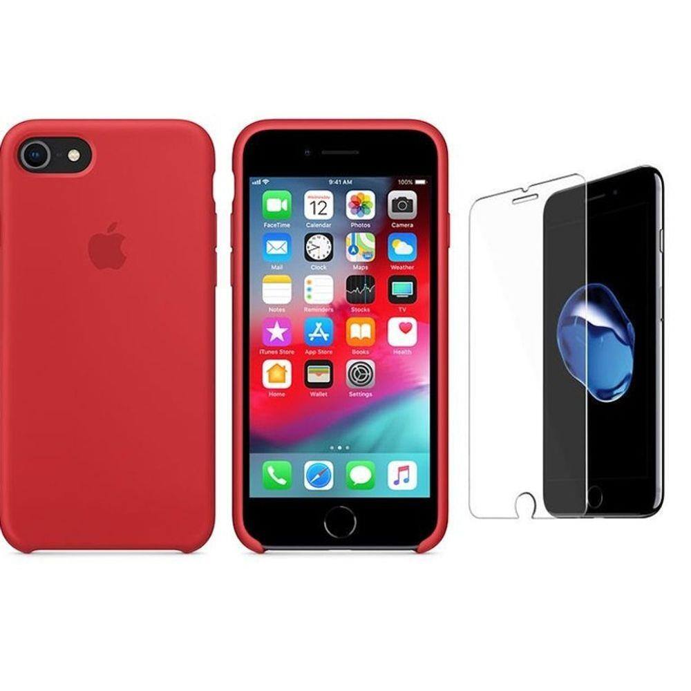 Capa De Silicone Iphone 8 Plus/ 7Plus Vermelho E Pelicula | Ponto