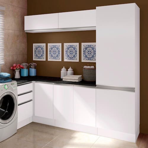 Kit Área De Serviço Madesa Acordes 100% MDF com Armário, Gaveteiro e Balcão de Canto Portas Branco Brilho Menor preço em Kit Área De Serviço Madesa Acordes 100% MDF com Armário, Gaveteiro e Balcão de Canto Portas Branco Brilho