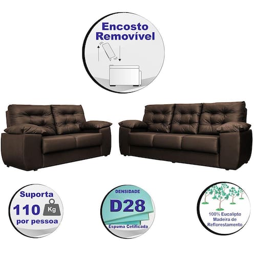 Conjunto Sofá Luxemburgo 3 E 2 Lugares 1,52m e 2,02m Courino Marrom Menor preço em Conjunto Sofá Luxemburgo 3 E 2 Lugares 1,52m e 2,02m Courino Marrom