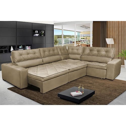 Sofa de Canto Retrátil e Reclinável com Molas Cama inBox Austin 3,45X2,44 ou 2,44X3,45 Suede Velusoft Castor Menor preço em Sofa de Canto Retrátil e Reclinável com Molas Cama inBox Austin 3,45X2,44 ou 2,44X3,45 Suede Velusoft Castor