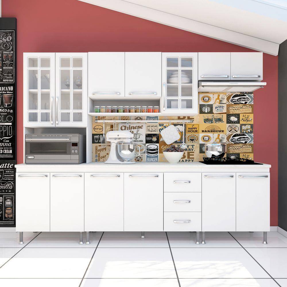 Cozinha completa sophie viena modulada 6 peças 295 cm 15 portas 3 gavetas  com tampo branco