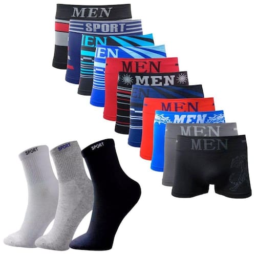 Kit 10 Cuecas Boxer Adulto + 12 Pares Meias Sport Longa Menor preço em Kit 10 Cuecas Boxer Adulto + 12 Pares Meias Sport Longa