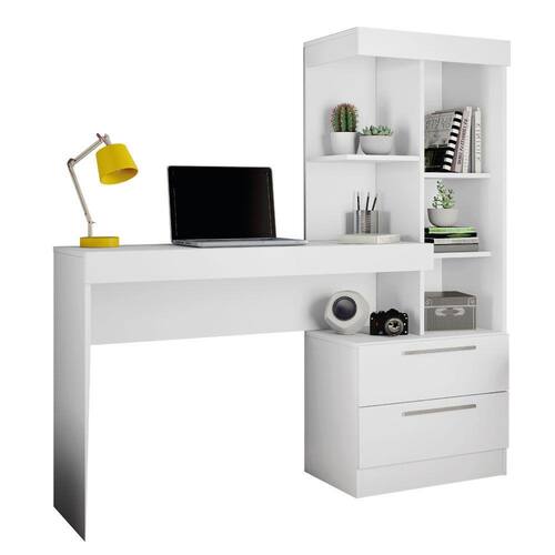 Escrivaninha com Estante Office 2 Gavetas Branco / Branco / Rosa Menor preço em Escrivaninha com Estante Office 2 Gavetas Branco / Branco / Rosa