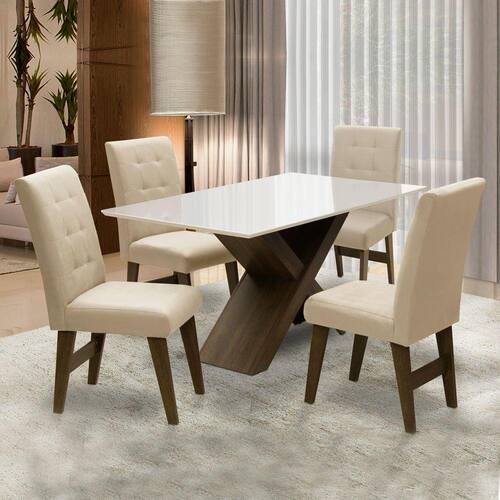 Conjunto Mesa de Jantar Off White Dubai 1,35m MDF com 4 Cadeiras Castanho / Areia