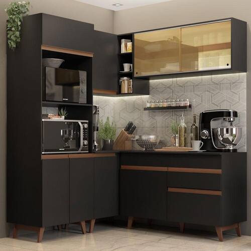Cozinha Completa de Canto Madesa Reims 332001 com Armário e Balcão - Preto Menor preço em Cozinha Completa de Canto Madesa Reims 332001 com Armário e Balcão - Preto