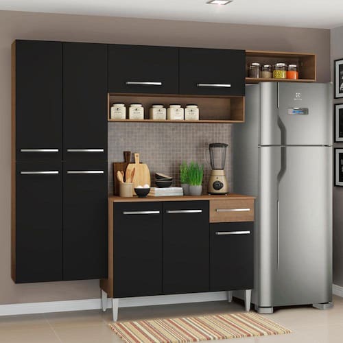 Cozinha Completa Madesa Emilly Fit com Armário, Balcão e Paneleiro Suspenso - Rustic/Preto Menor preço em Cozinha Completa Madesa Emilly Fit com Armário, Balcão e Paneleiro Suspenso - Rustic/Preto