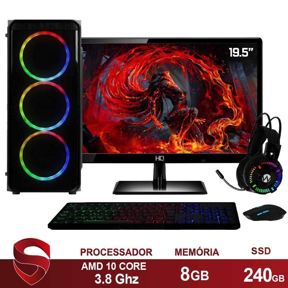 PC Gamer Completo AMD 10-Core CPU 3.8Ghz 8GB (Placa de vídeo Radeon R5 2GB) SSD 240GB Kit Gamer Skill Monitor HDMI LED 19.5"