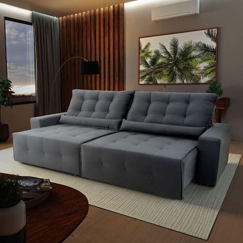 Sofá Retrátil Reclinável Montebello 3,00m Suede Velut Cinza c/ Molas no Assento - King House Menor preço em Sofá Retrátil Reclinável Montebello 3,00m Suede Velut Cinza c/ Molas no Assento - King House