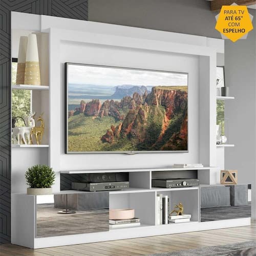 Rack Estante c/ Painel TV 65" e Espelho Oslo Multimóveis Branco Menor preço em Rack Estante c/ Painel TV 65" e Espelho Oslo Multimóveis Branco