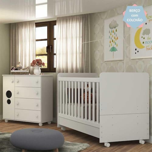Quarto Infantil Berço com Colchão Incluso e Cômoda Pimpolho Multimóveis Branco Menor preço em Quarto Infantil Berço com Colchão Incluso e Cômoda Pimpolho Multimóveis Branco