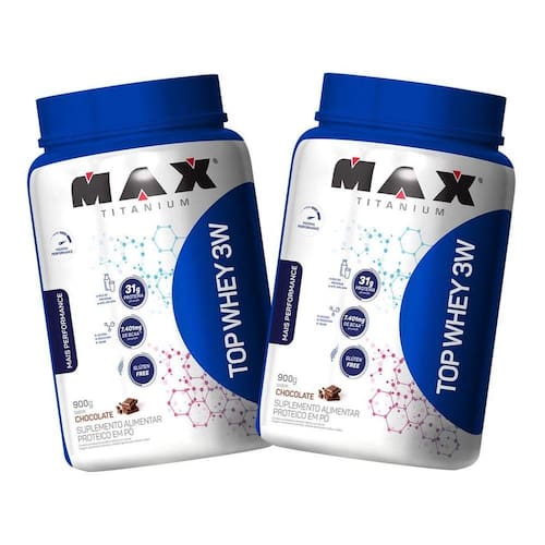 Kit 2X Top Whey Protein 3W 900G - Chocolate - Max Titanium Menor preço em Kit 2X Top Whey Protein 3W 900G - Chocolate - Max Titanium