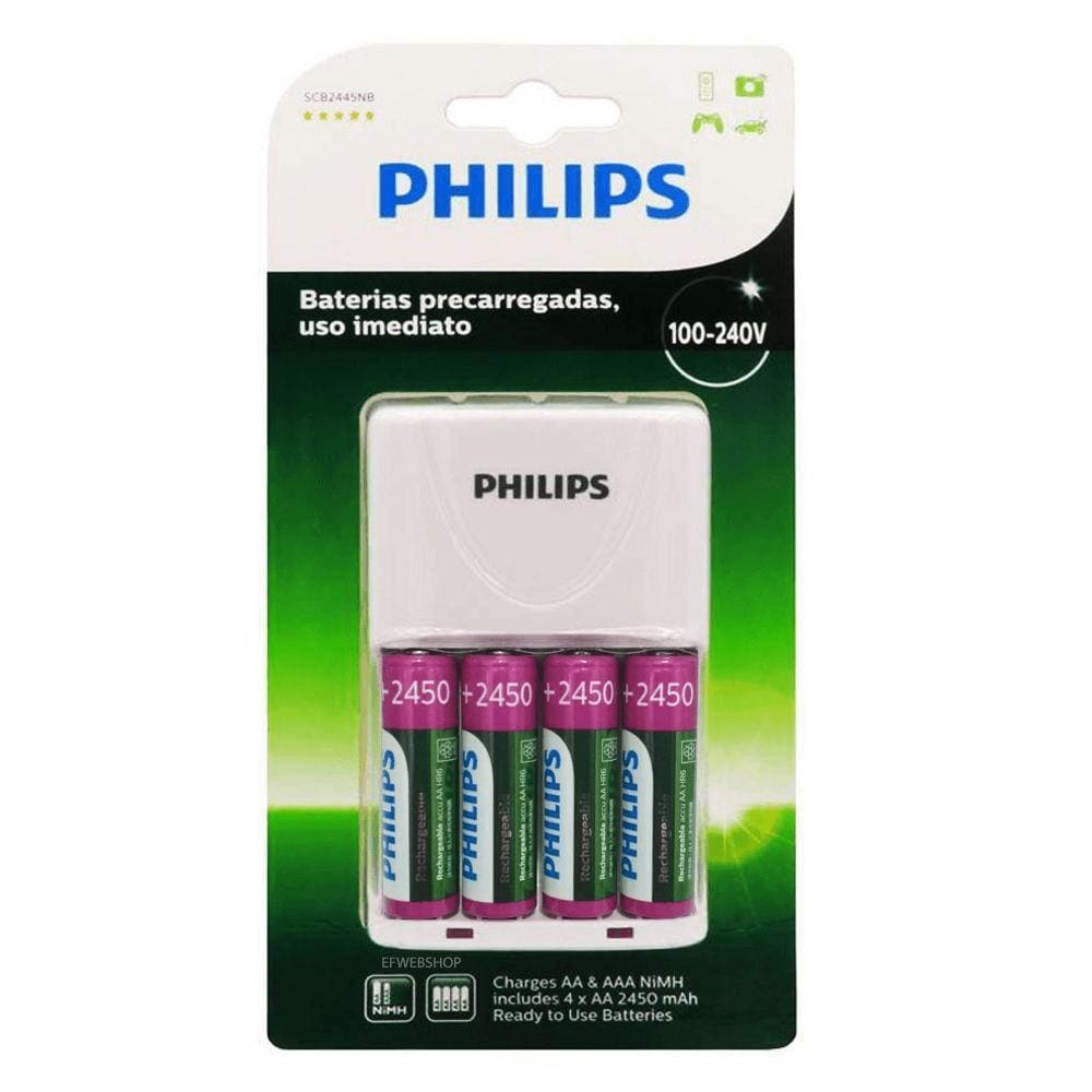 Carregador de Pilhas Philips com 4 Pilhas AA Recarregáveis 2450mAh SCB2445NB (Bivolt)