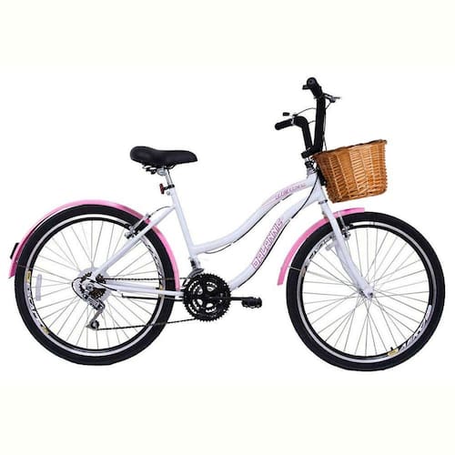 Menor preço em Bicicleta Retrô Vintage Aro 26 18v Feminina Beach Rosa com Branco com Cestinha