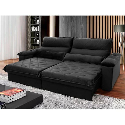 Sofá Retrátil Reclinável Grécia 2,10m Suede Velut Preto c/ Molas no Assento - King House