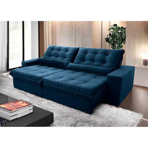Sofá Retrátil Reclinável Zurique 2,50m Suede Velut Azul Marinho c/ Molas no Assento - King House Menor preço em Sofá Retrátil Reclinável Zurique 2,50m Suede Velut Azul Marinho c/ Molas no Assento - King House