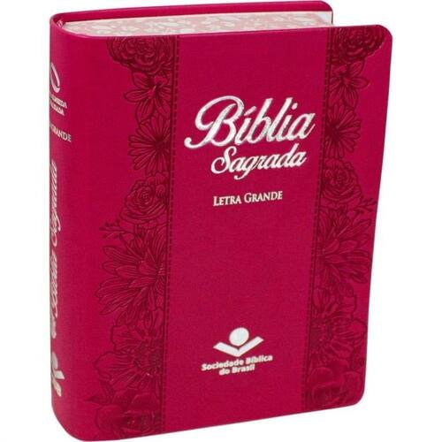 Bíblia Sagrada Letra Grande Capa Couro Sintético Pink Beiras Floridas Marca Página Ponto 9146