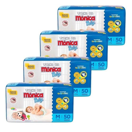 Fralda Descartável Turma da Mônica Mega Média 4 Pacotes com 50 Tiras Menor preço em Fralda Descartável Turma da Mônica Mega Média 4 Pacotes com 50 Tiras