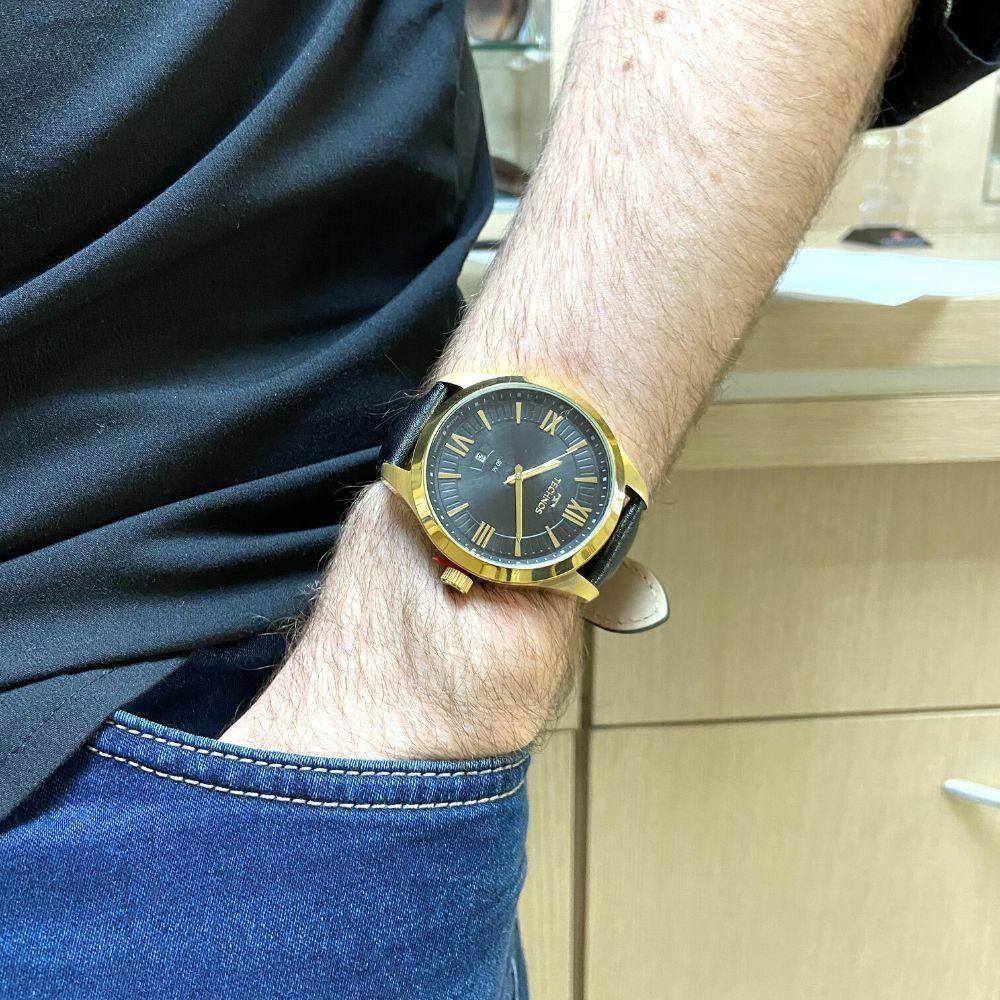 Relogio Technos Masculino dourado e preto classico social algarismo romano  pulseira de couro 2115MXV/0P | Ponto