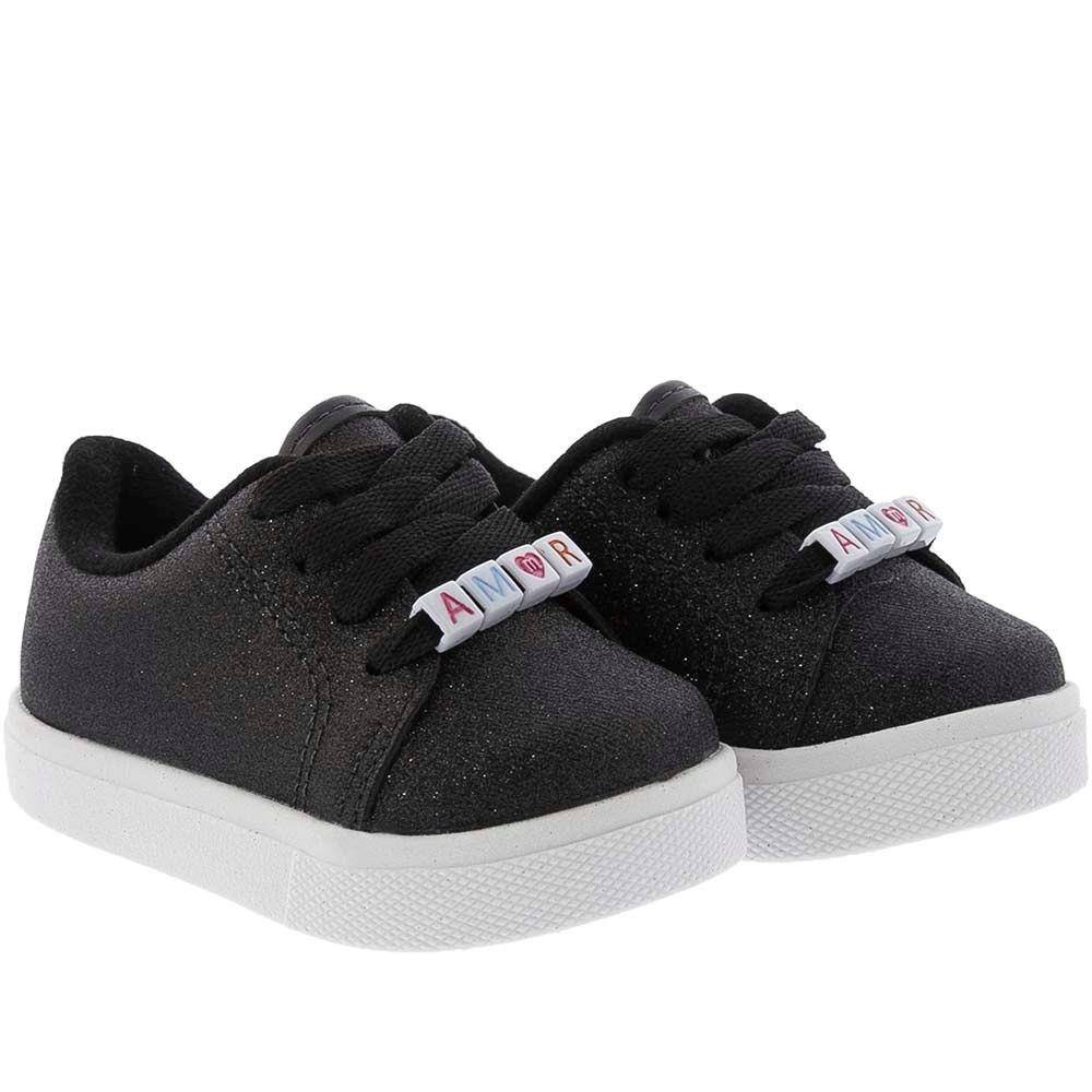 Tênis Molekinha Bebê Soft Pop Amor Tecido Glitter Preto | Ponto