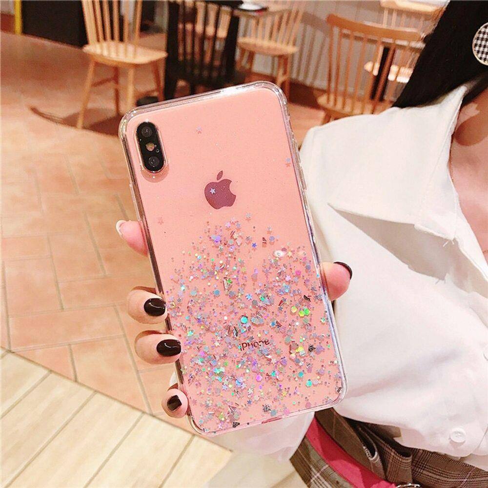 Capa Capinha iPhone7/8 Plus / Silicone Premium Glitter Estrelas Luxo -  Transparente / Rosa | Ponto