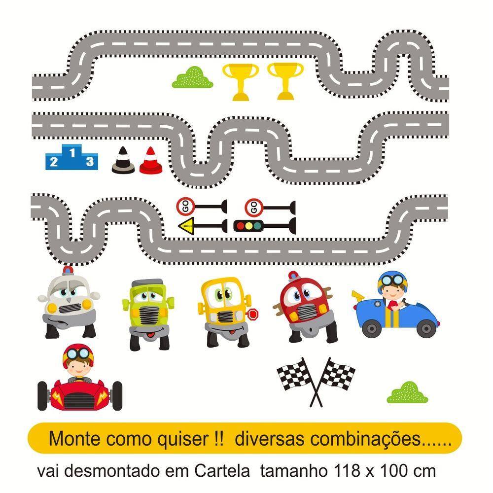 Adesivo de Parede Infantil Autocolante Carrinhos Coloridos - pista carros