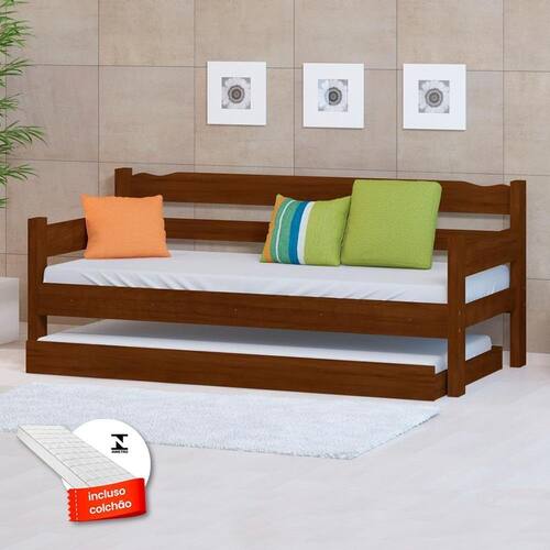 Sofá Cama De Solteiro Em Madeira Maciça Com Auxiliar E 2 Colchões