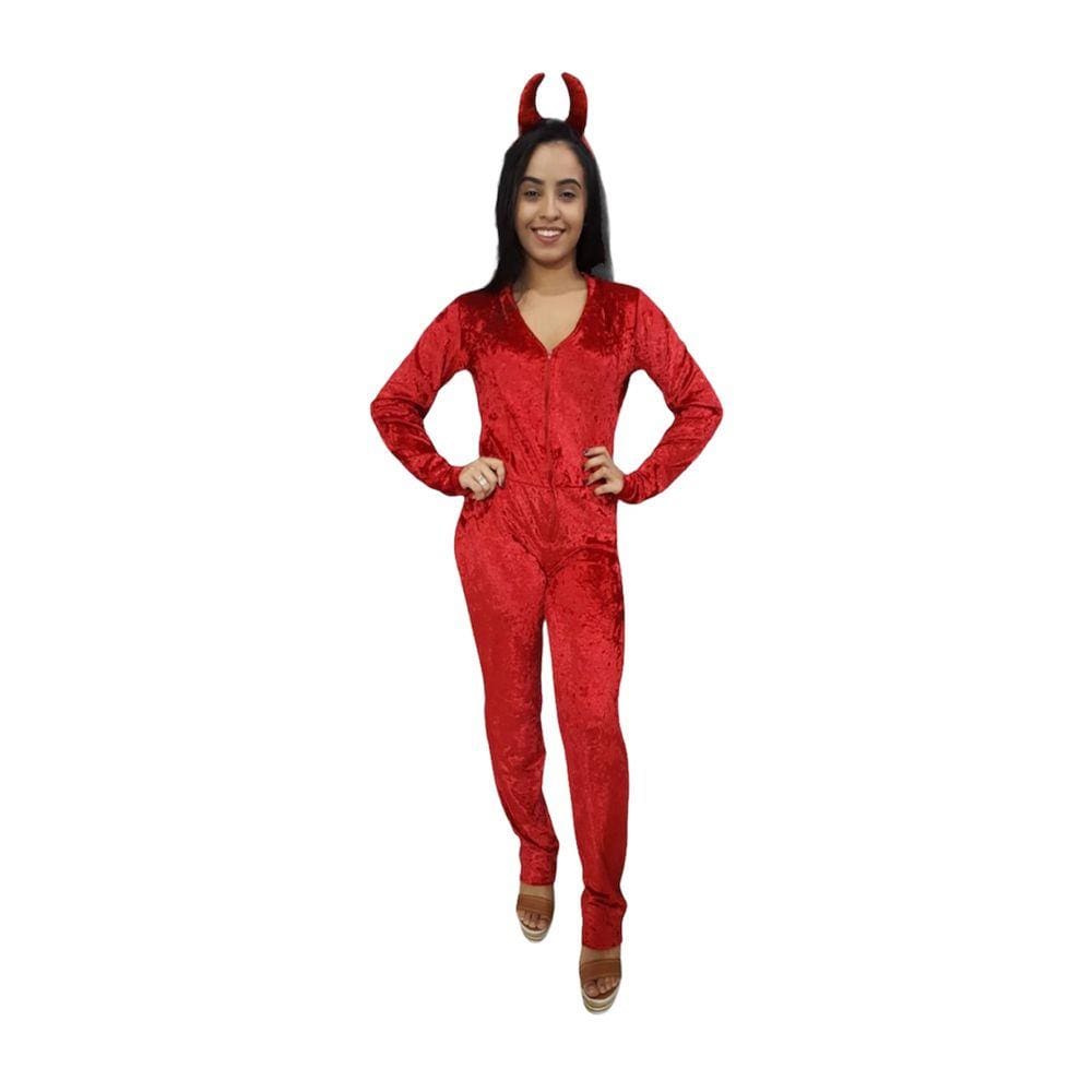 Fantasia Halloween Diaba Macacão Feminino Adulto Com Chifres - 7