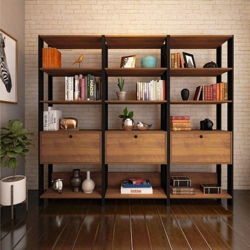 Conjunto 3 Estantes para Livros Industrial 1 Porta MDP Match Espresso Móveis Pinho/Preto